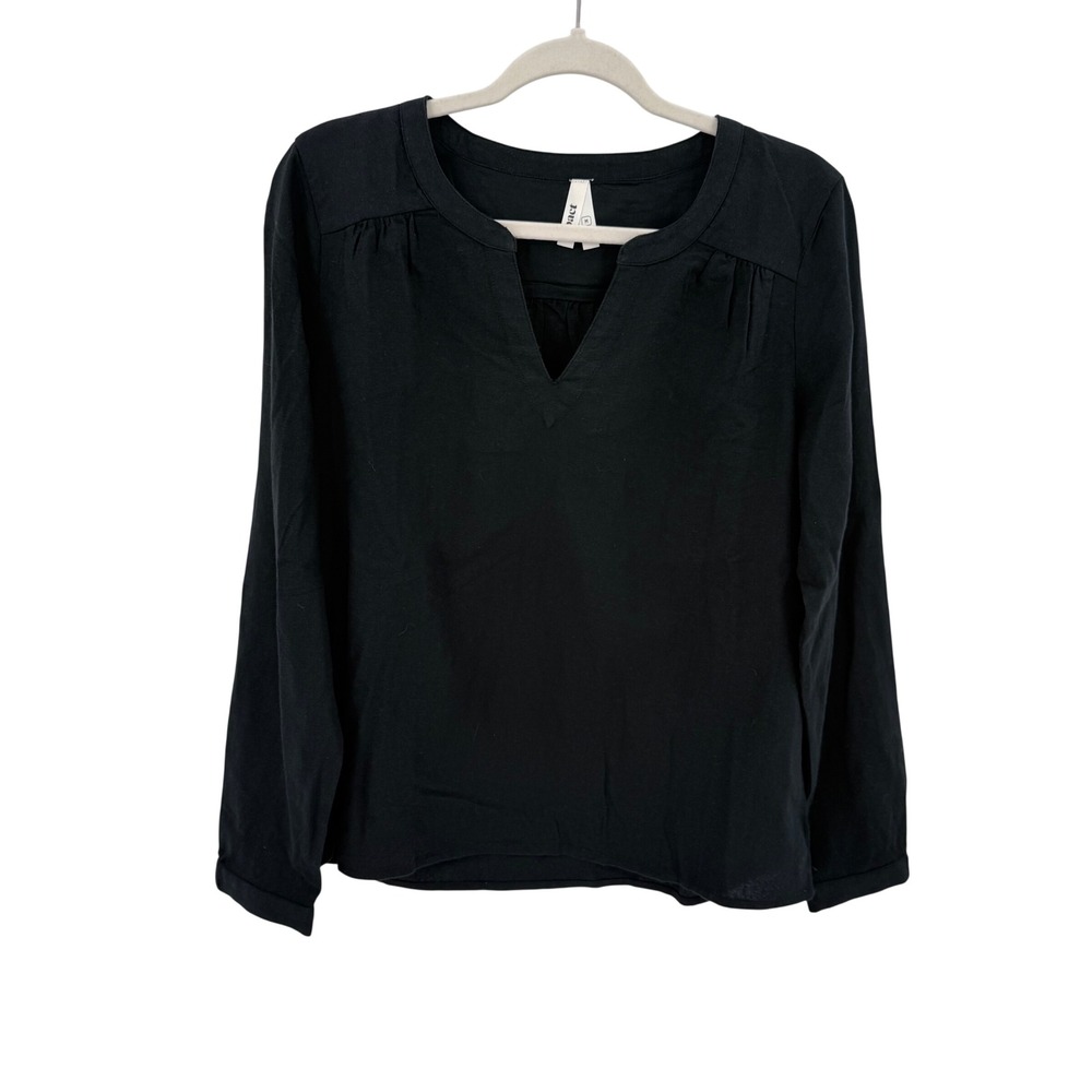 Pact Womens‎ Black Split Neck Long Sleeve Blouse Size M Sustainable Minimalist